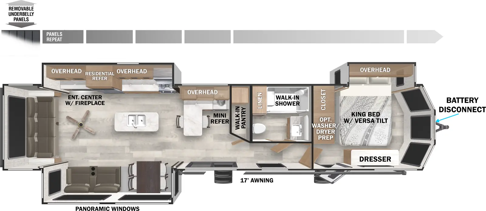 The Wildwood Lodge 40RLB has two entries and three slide outs. Exterior features include: metal or fiberglass exterior and 17' awning. Interiors features include: kitchen island, free-standing dinette option, front bedroom and rear living.